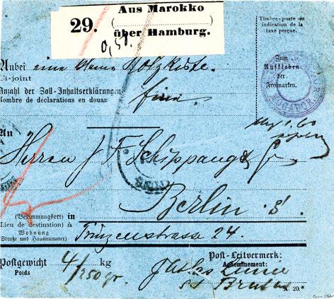 DEUTSCHE POST IN MAROKKO 11 DEUTSCHE POST IN MAROKKO 11512+ 1890, blaue Paketkarte der Atlas-Linie mit violettem Aufgabe-K2 der Agentur "Weiss & Maur / Mogador" und Paketaufkleber "Aus Marokko über