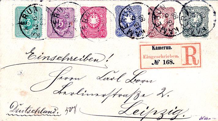 80 KAMERUN 11643+ Sechsfarben-Satzfrankatur: 3-50 Pfg., die kpl. Pfennig-Ausgabe wertstufengerecht geklebt auf tadellosem weißem Einschreibebrief nach Leipzig, Stempel KAMERUN 13/6 88.