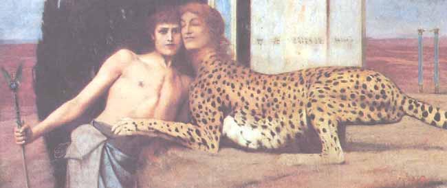 Abb. 2004-1/018 Die Kunst oder die Liebkosungen der Sphinx, Gemälde von Fernand Khnopff (1858-1921), Bruxelles 1896 So oder ähnlich wird die Sphinx ausgesehen haben, aber ohne Leoparden-Tupfen und