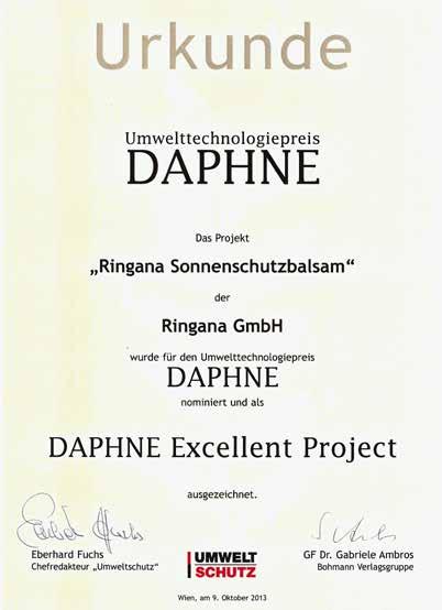 Umwelttechnologiepreis Daphne 2013 Vom Magazin Umweltschutz bekam RINGANA im Jahr 2013 den Umwelttechnologiepreis Daphne für den RINGANA