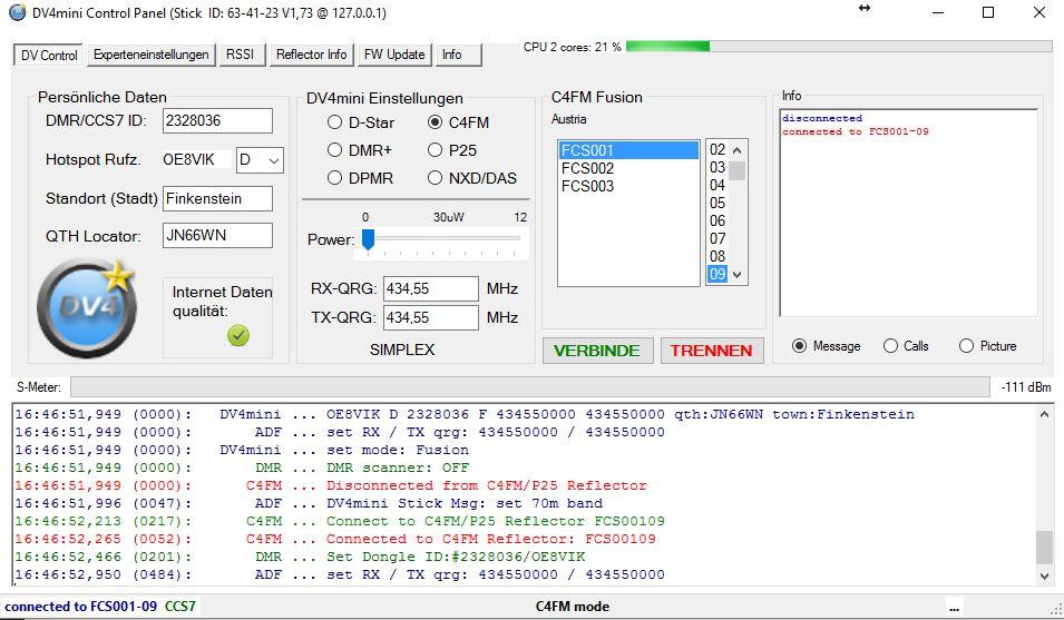 C4FM RX-QRG: 434.55 MHz TX-QRG: 434.55 MHz Nun kann mit der Maus der FCS001 und 9 gewählt werden.