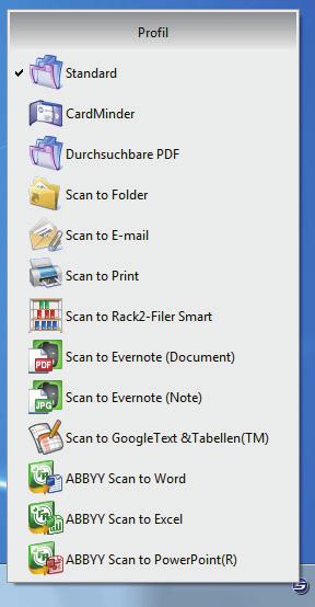 Profil (für Windows Benutzer) Profil Speichern Sie häufig verwendete Scaneinstellungen als Profile ab, könne Sie nur durch Auswählen eines Profils die Scaneinstellungen abhängig von Ihrem
