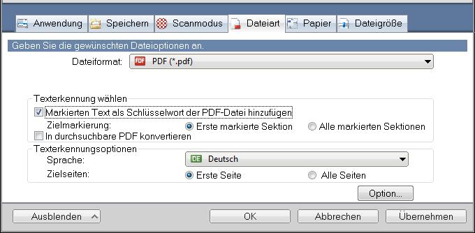 Gescannte Bilder in Abhängigkeit der geplanten Verwendung erstellen (für Windows Benutzer) 3. Markieren Sie das [Markierten Text als Schlüsselwort der PDF-Datei hinzufügen] Kontrollkästchen.