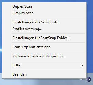 ScanSnap Manager Überblick Rechtsklick-Menü (Fenster) Dieses Menü wird angezeigt, wenn Sie mit der rechten Maustaste auf das ScanSnap Manager Symbol klicken.