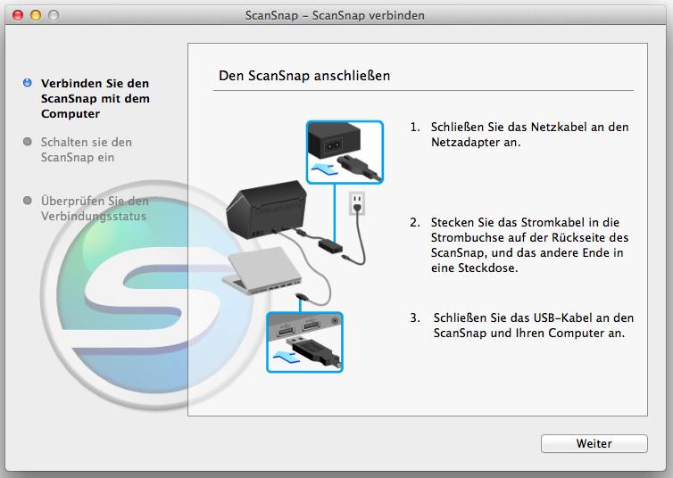 Installation unter Mac OS 11. Folgen Sie bitte den Bildschirmanweisungen und überprüfen die Verbindung zwischen dem ScanSnap und dem Computer.