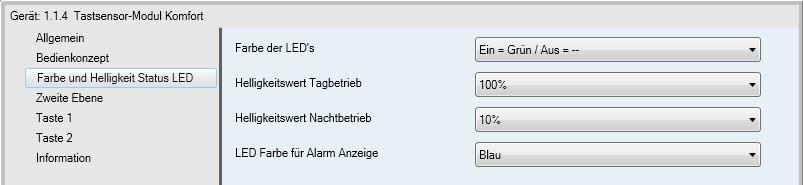 Software- 2.4. Parameter der Ansicht - Farbe und Helligkeit Status LED - Die Funktionen der 4 Taster LEDs können individuell parametriert und gesteuert werden.