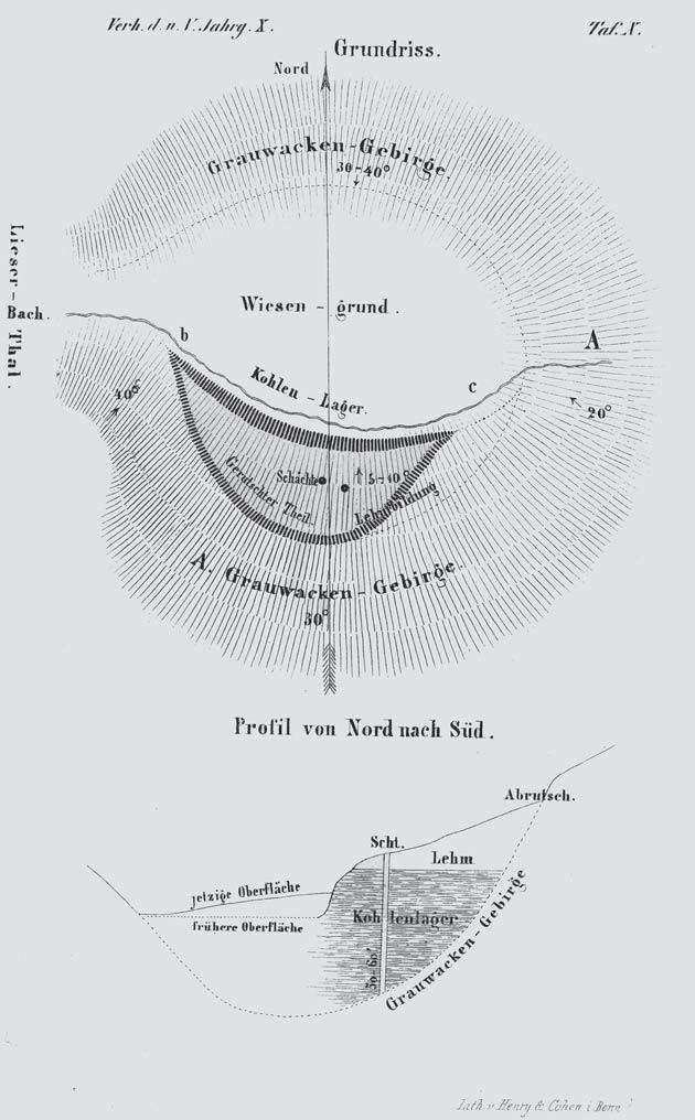 HERBERT FRANKENHÄUSER Abb. 1: Grundriss mit den (geologischen) Verhältnissen des Braunkohlenlagers am südlichen Ufer des Pellenbachs bei Eckfeld von HONIGMANN (abgebildet bei WEBER 1853).