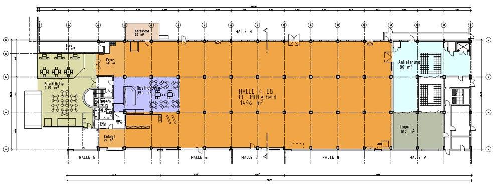 HALLENPLAN HALLENPLAN 1496 M 2 MAXIMALE GRÖSSE Je nach Veranstaltungsgröße und Personenzahl kann die Halle quadrantenweise verkleintert werden.