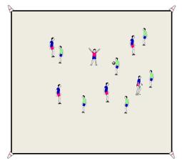Trainingsstunde zum Erlernen des Sprungwurfs Aufwärmphase Parteiball mit Sprungwurf In 4 Mannschaften geteilt. In einem Hallendrittel 2 Spielfelder mit Hütchen (etwa 20x20 m) begrenzt.