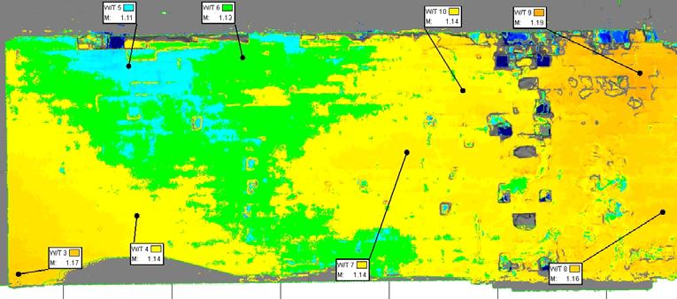 Virtuelle Rekonstruktion des Almaqah-Tempels von Yeha in Äthiopien 55 Abb. 5: Variationen der Wandstärke für die Nordfassade (Einheit in Meter) 4.