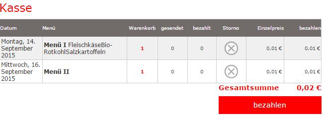 4.2 Die Bezahlung im Internet Hier wird noch einmal alles aufgelistet, was Sie auf dem Speiseplan ausgewählt haben. Zur Bezahlung des Essens klicken Sie auf den Button bezahlen.