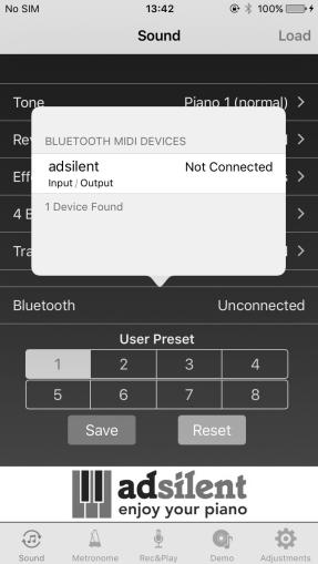 Sie finden die "adsilent" App im Apple App Store mit der Suchfunktion. Installieren Sie die App auf Ihrem ios Gerät. Schalten Sie Bluetooth in Ihrem ios Gerät ein.