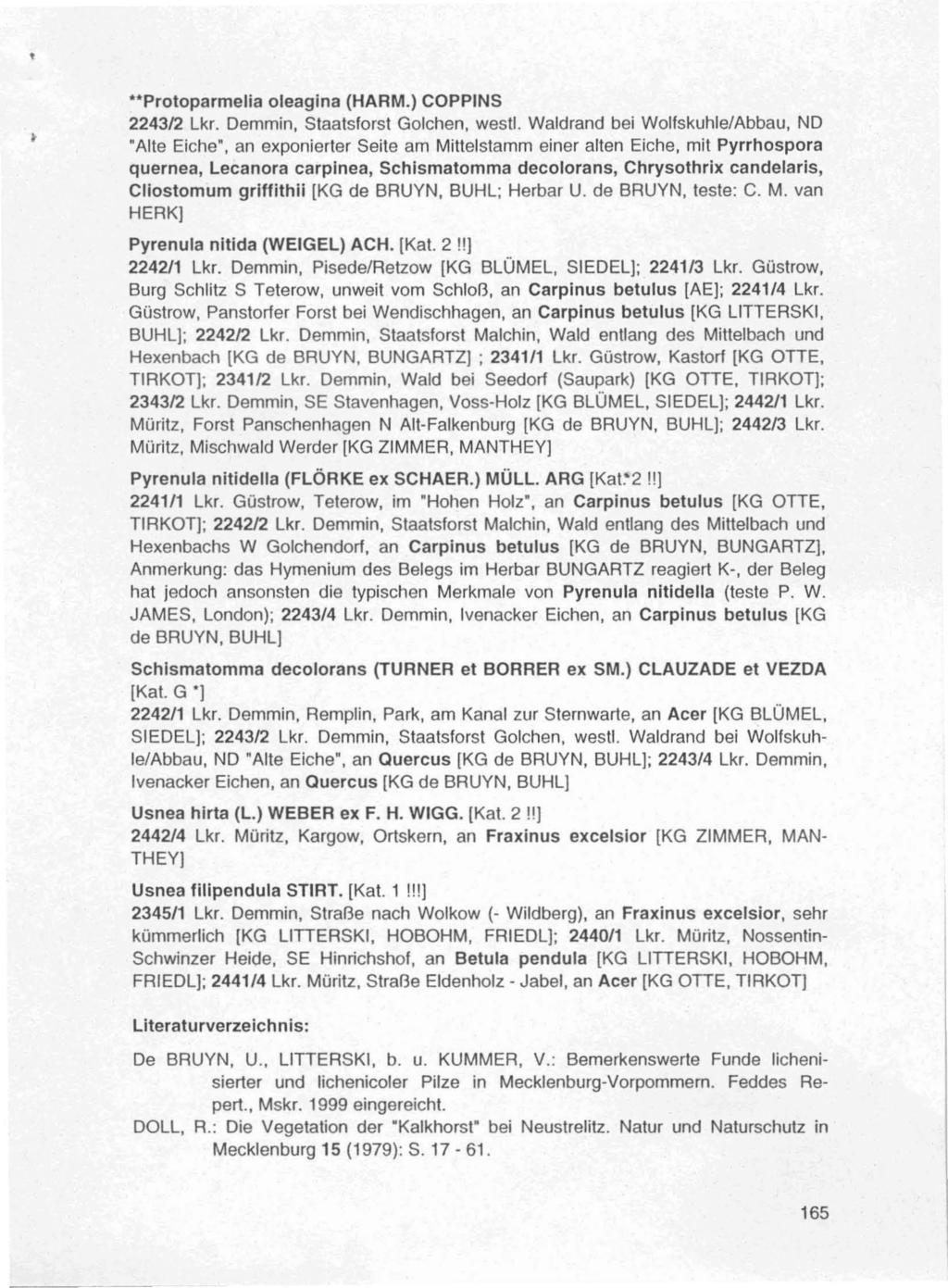 "Protoparmelia oleagina (HARM.) COPPINS 2243/2 Lkr. Demmin, Staatsforst Golchen, west!