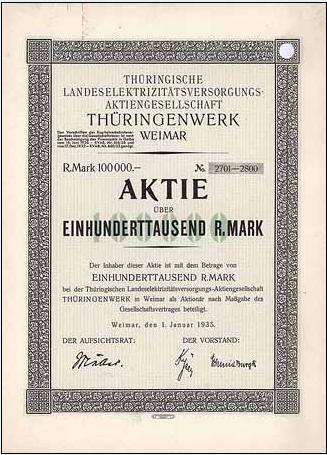 Geschichtlicher Rückblick Eine 100.000,00 Reichs - Mark Aktie des Thüringenwerks 1935 Nach der Gründung des Freistaates Thüringen 1920 wurde am 17.10.1923 das Thüringenwerk mit Sitz in Weimar gegründet.