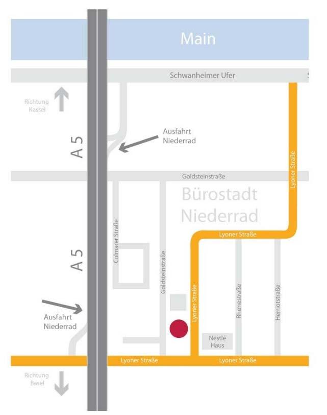 Anreise Mit dem Auto: Aus Richtung Süden: Nehmen Sie auf der A5 die Autobahnausfahrt Niederrad, zwischen dem Frankfurter Kreuz und dem Westkreuz Frankfurt.