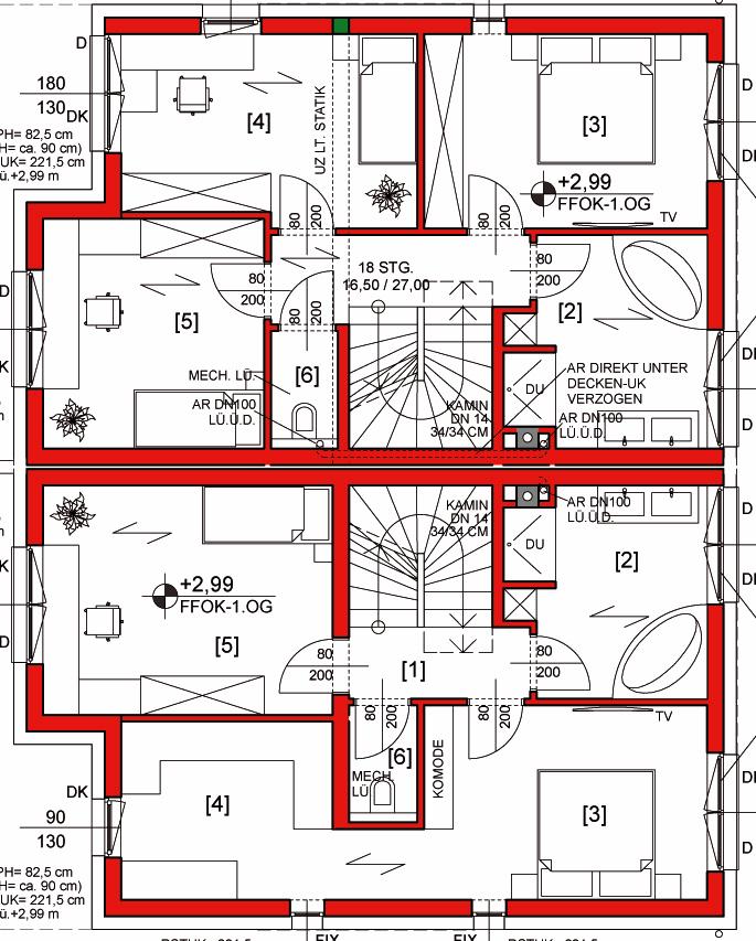 Obergeschoss (2 Varianten zur Wahl): Variante 1 3 Zimmer Variante 2 2 Zimmer + Schrankraum Zimmer 1 [5]: ca. 12,00m² Zimmer 1 [5]: ca. 15,80m² Zimmer 2 [4]: ca. 13,10m² Zimmer 2 [3]: ca.