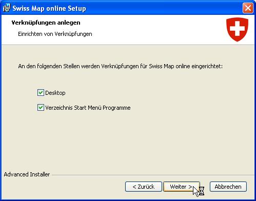 Bei diesem Schritt können Sie bestimmen, ob einerseits ein Desktop-Icon für die Swiss Map online ( Desktop ) und anderseits ein Eintrag ins Startmenü (