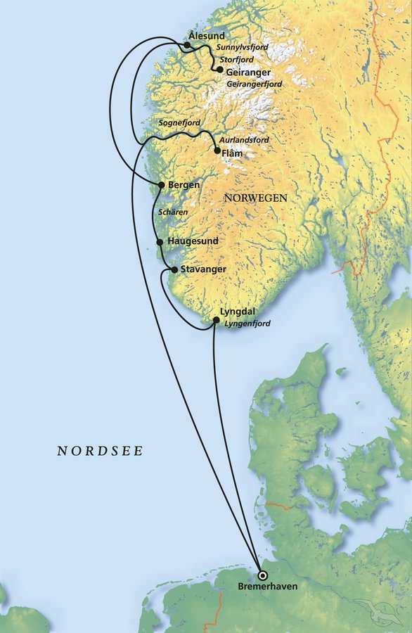 Ihr Reiseverlauf: Mit MS Albatros zeigen wir Ihnen auf dieser Kreuzfahrt schönste zerklüftete Fjorde, steile Hänge mit imposanten Wasserfällen, heimelige norwegische Dörfer und Orte wie auch die von