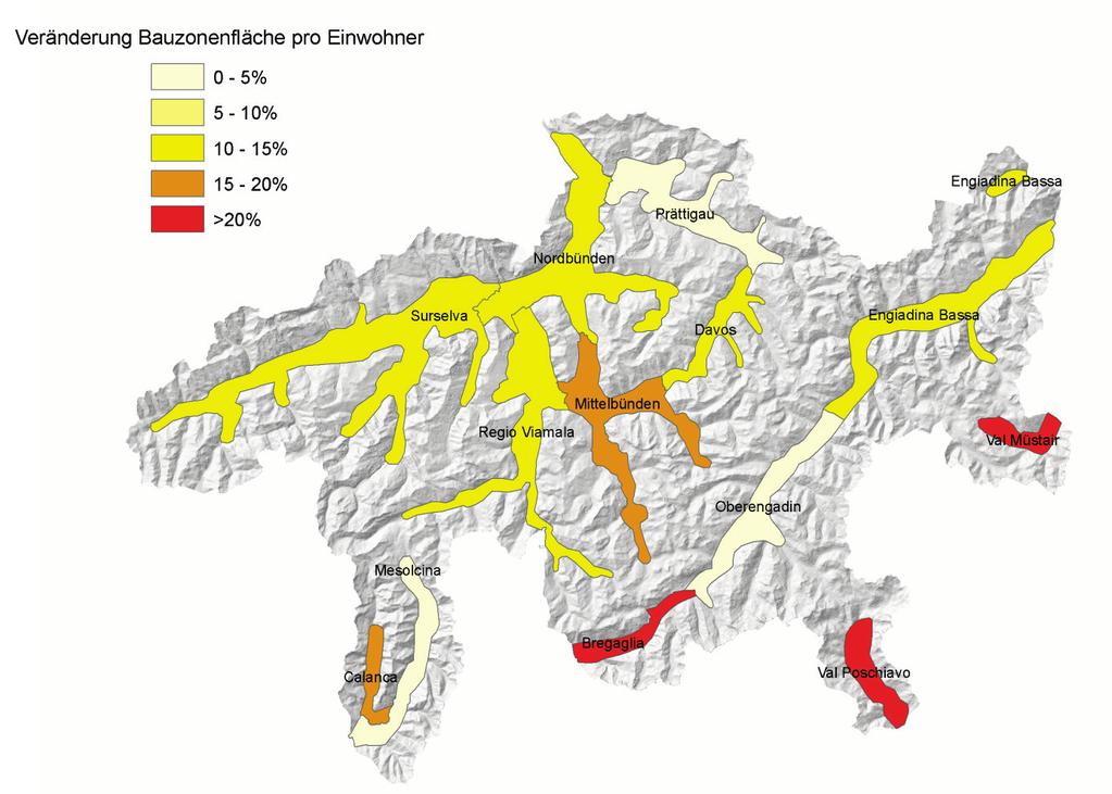 Raumbeobachtung Kanton Graubünden Siedlungsdichte in den Gemeinden Graubündens 2008 (in Einwohner pro ha überbaute Bauzone) Veränderung der Siedlungsdichte in den Regionen 1992 2008