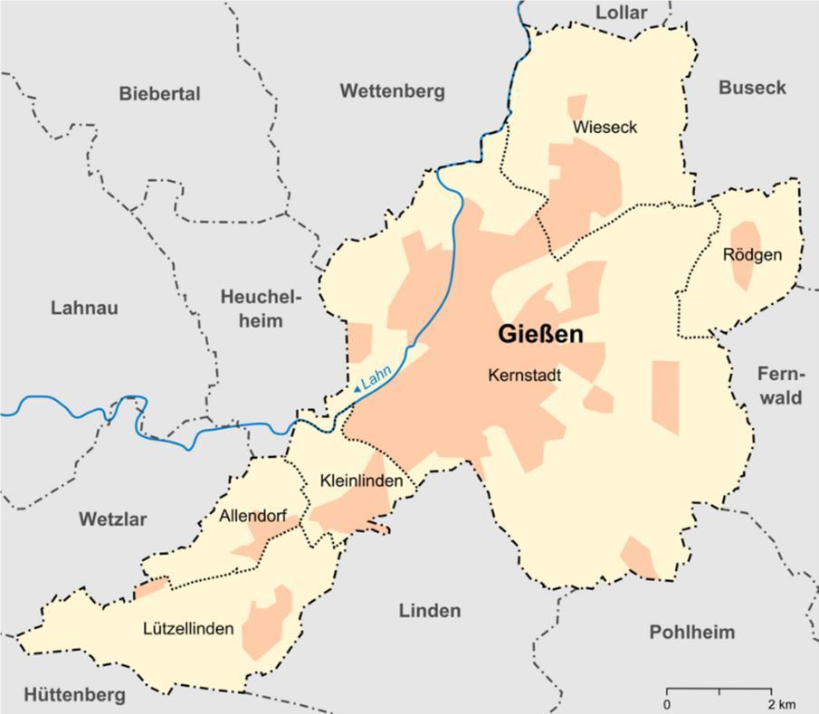 Abbildung 7: Die Stadt Gießen inklusive ihrer Stadtteile Neben der Kernstadt gehören fünf weitere Stadtteile zum Stadtgebiet von Gießen.