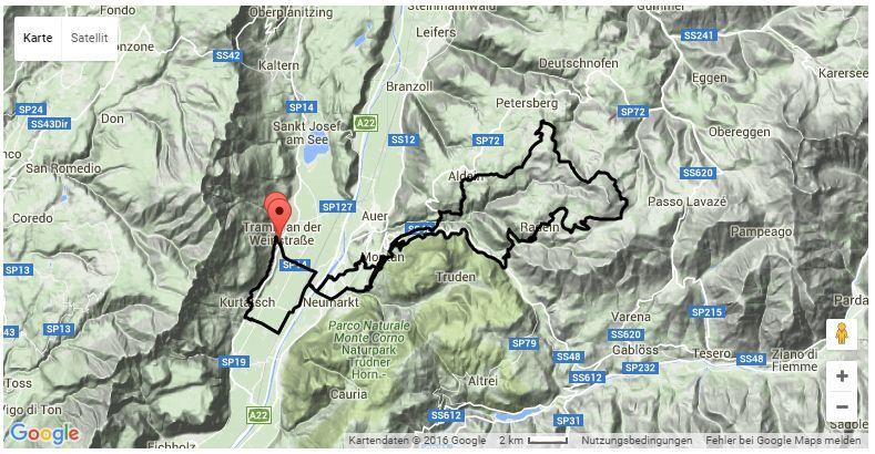 MTB: Rund um den Weißhorn Vorbei an den Grand Canyon Südtirols Wir fahren von Kurtatsch nach Neumarkt und auf die alte Bahntrasse der Fleimstalerbahn nach Kaltenbrunn.