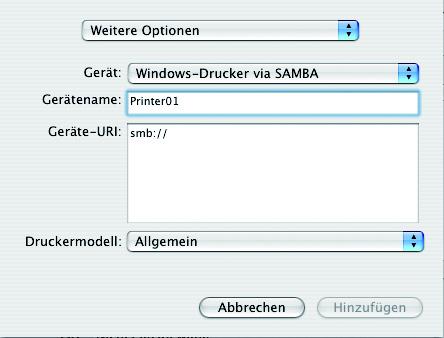 Wählen Sie als Gerät Windows- Drucker via SAMBA. 1. Wählen Sie 2.