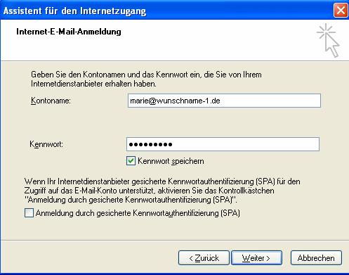 de angegeben, also zum Beispiel marie@wunschname-1.de. Ihr Kennwort ist das bei der E-Mailbox Einrichtung selbst gewählte Passwort. Klicken Sie anschließend auf Weiter.