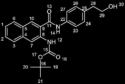 Experimenteller Teil 265 20 (tert-butyl-3-(4-(2-hydroxyethyl)-phenylcarbamoyl)-naphthalen-2-yl-carbamat) 2.5 mmol (78 mg) 3-(tert-Butoxycarbonylamino)-2-naphthoesäure 209 wurde nach AAV5 mit 2.