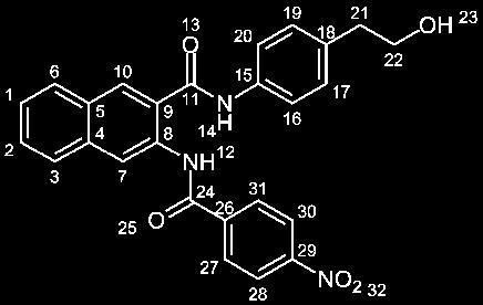 266 Experimenteller Teil 84% (80 mg), gelbes Öl 0.60 (Kieselgel, EtOAc/Petrolether (:) 22 (N-(4-(2-Hydroxyethyl)phenyl)-3-(4-nitrobenzamido)-2-naphthamid) 0.