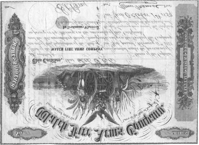 Los 205 LOS NR. 205 WALCH FIRE ARMS COMPANY Cert. # 51 über Shs. 20 zu je $ 100; New York, 1. Oktober 1859; Farbe: beige/grau; Maße: 20 X 26,5. - Trockensiegel mit gekreuzten Gewehren.