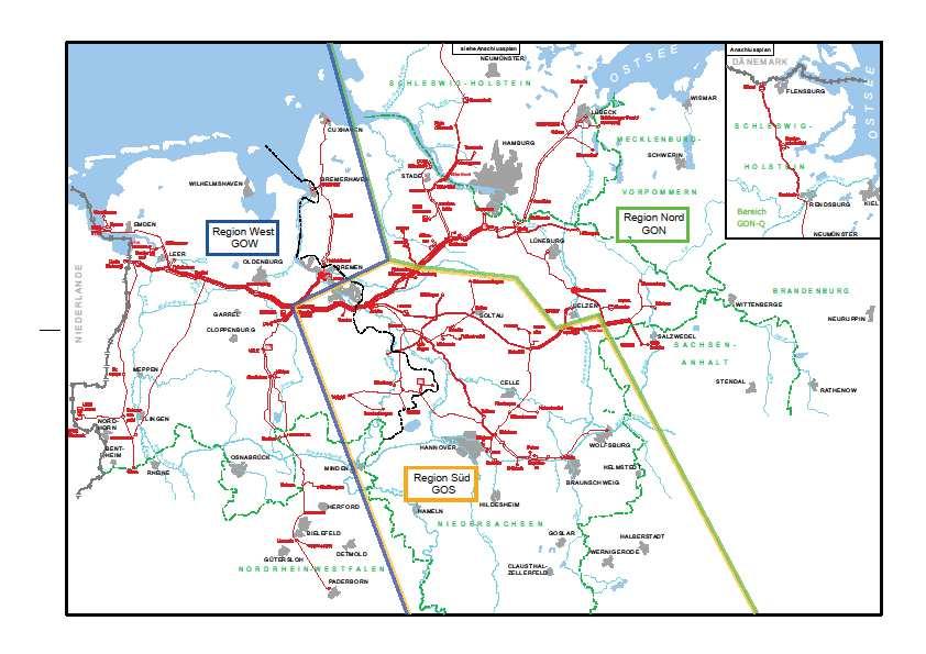 Karte mit Aufteilung des Gasunie-Leitungsnetzes in die Regionen NORD, SÜD, WEST: Karte mit besserer Auflösung siehe ebenfalls zum Download bereitstehende pdf-datei