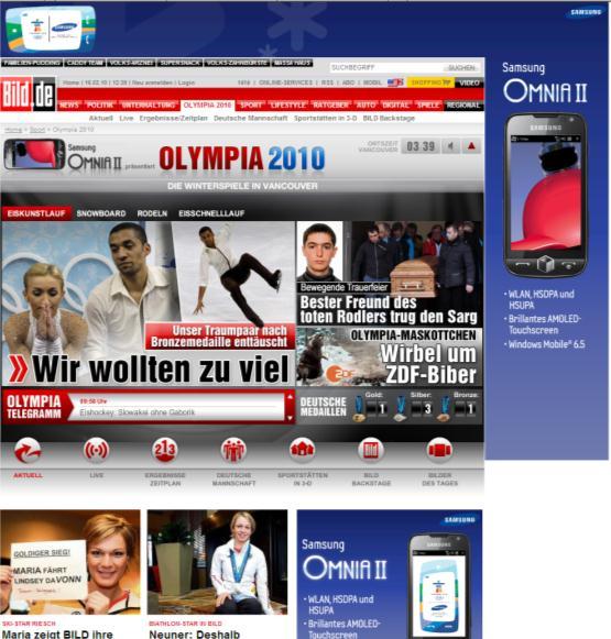 Sponsoring Konzept* Header und Reminder Olympia Bühne und Artikelseiten Wallpaper und Medium Rectangle auf der Bühnenstartseite Logointegration im Newscase* Logointegration im