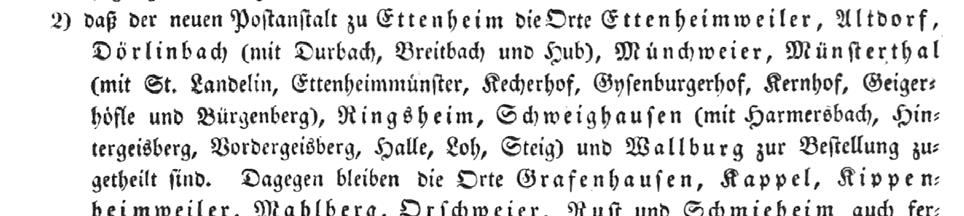 1800: Bereits vor 1800 bestand in Ettenheim eine Kaiserliche Reichspostanstalt der Thurn und Taxis im Hochstift Straßburg, ab 1803 in Baden. Die Expedition ist noch am 06.07.