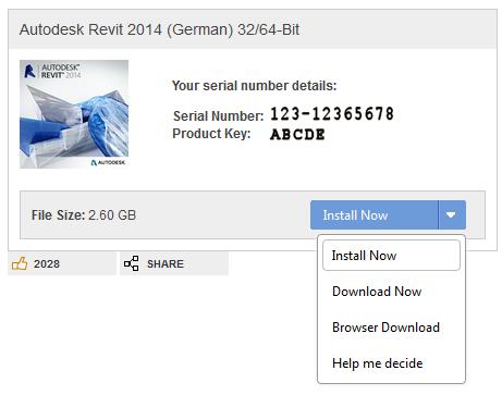 Autodesk Revit 2014 (German) 32/64-Bit - Seriennummer und Product Key merken/notieren - auf genügend Speicherplatz im Filesystem achten: Archiv-Dateigröße ca. 2,6 GByte - Empfehlung: Browser Download.