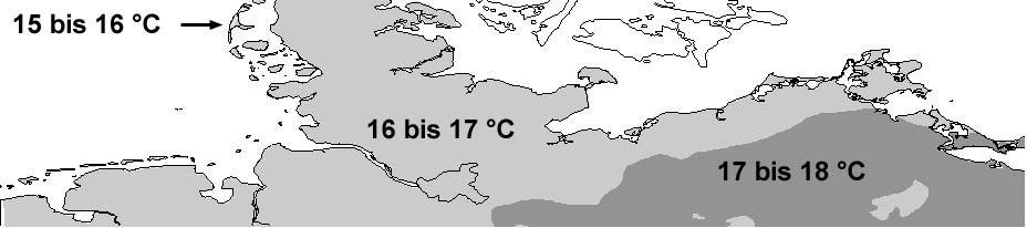 Abb. 1: Mittlere Lufttemperatur für den Monat Januar im deutschen Küstengebiet [neu gezeichnet nach DEUTSCHER WETTERDIENST 1967 (Referenzzeitraum 1891 193) und