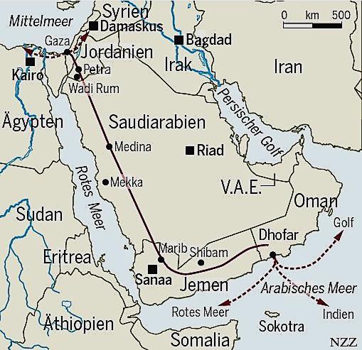 Die Kamelkarawanen benötigten für die 3400 km lange Strecke von Najran in Saudi-Arabien bis Petra in Jordanien 80 bis 90 Tage, bis sie mit Ihrer Fracht, dem Weihrauchharz, an der Mittelmeerküste