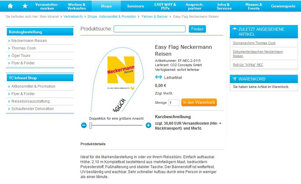 Klicken Sie auf die Easy Flag, damit Sie die Detailansicht erhalten. Sie sehen die genauen Beschreibung des Artikels mit Maßangabe und den Versandkosten.