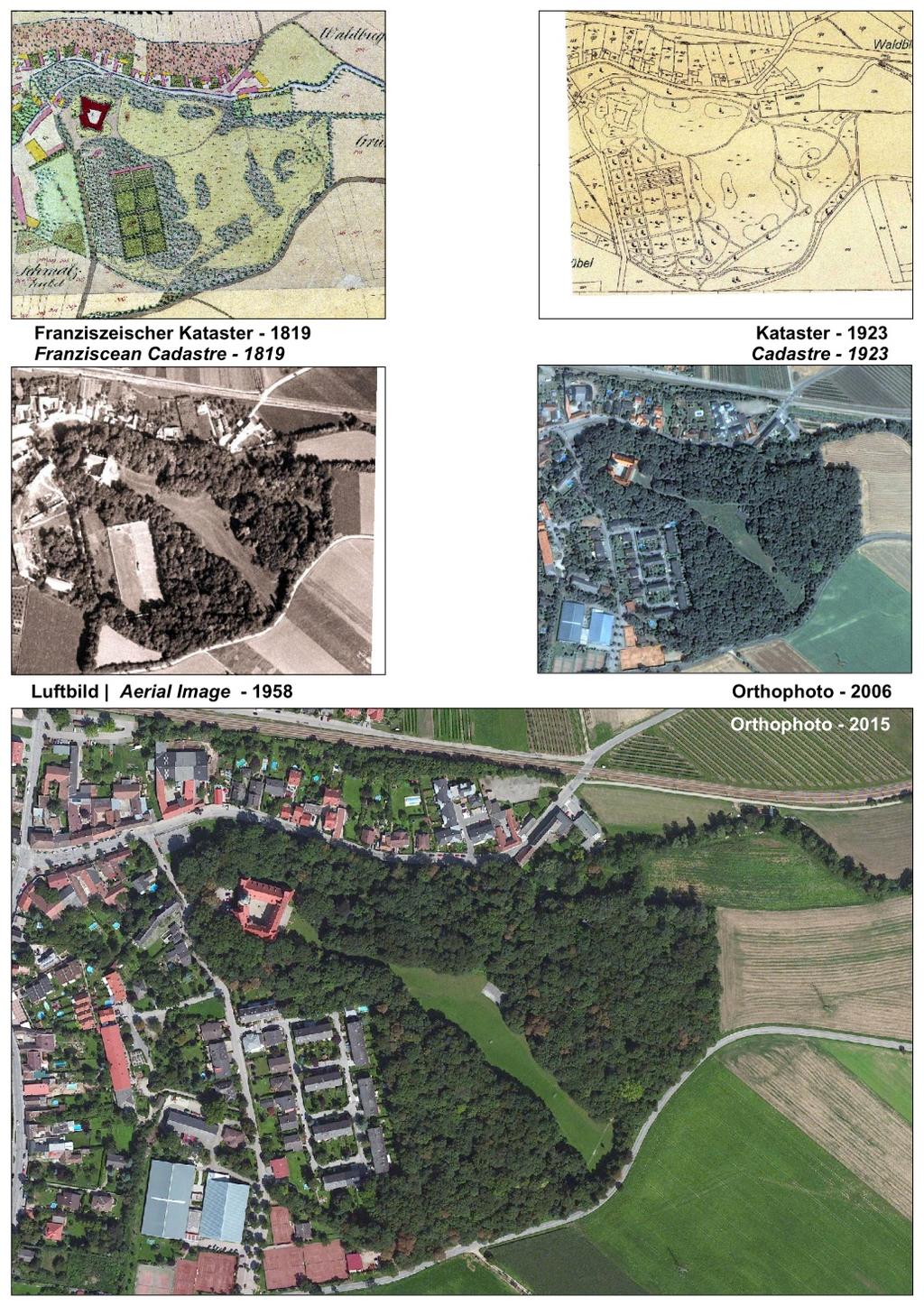 Abb. 2: Veränderung von Wald und Wiese im Schlosspark Tribuswinkel von 1819 2015.