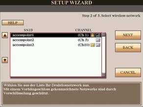 8 Wählen Sie mit Hilfe des [DATA ENTRY]-Datenrads das gewünschte Wireless-Netzwerk aus, und drücken Sie die Taste [G] (NEXT), um fortzufahren.