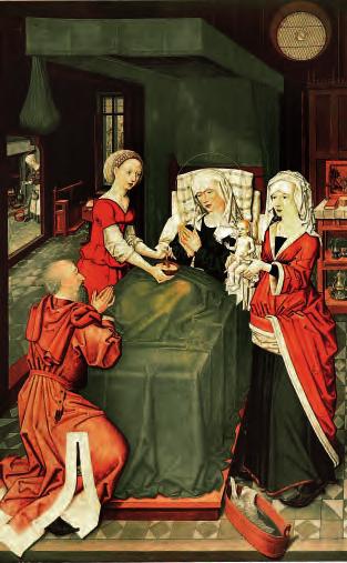 7 Ausstattung einer historischen Stube mit schwarz gefasstem Täfer, Schwäbischer Meister, Gemälde von 1489 mit der Geburt Maria (Staatliche Kunsthalle Karlsruhe). handen ist oder nicht.