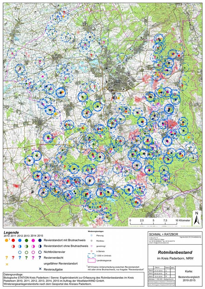 Abbildung 8: Rotmilanbestand im Kreis Paderborn nach der BIOLOGISCHEN STATION 00-0 und bestehende WEA Die Untersuchungen zeigen, dass es Windparks gibt, in denen mehr Kollisionsopfer gefunden werden,