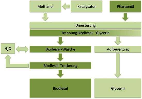 Abb.1 Herstellung von Biodiesel, [Quelle: https://www.greengear.de/wp-content/uploads/2010/01/biodieselherstellungsprozess.