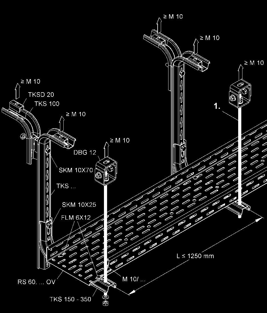 Deckenmontage mit Abhängekonstruktion TK... Auslegerlänge = Kabelrinnenbreite. Kabelrinnenbreite 100-300. tützabstand 1,25 m.