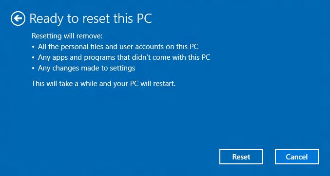 Windows Installation beeinflussen könnten. 5. Klicken Sie zum Fortfahren auf [Reset] (Zurücksetzen). 6. Auf dem Bildschirm wird der Fortschritt der Zurücksetzung angezeigt.