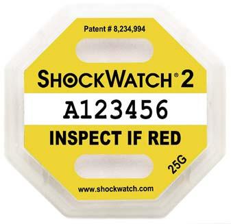SHOCKWATCH 2 LABEL + Zusätzliche Ausführung mit 5g + Gewichte bis zu 14 Tonnen + Wird erst vor der Anbringung am Versandgut aktiviert + Selbstklebend + Abziehen der Schutzfolie aktiviert Label +