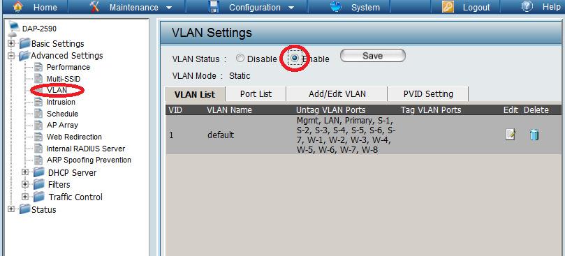 2.) Aktivieren von VLANs a. gehen Sie hierzu in das Menü Advanced Settings und wählen das Untermenü VLAN aus i.