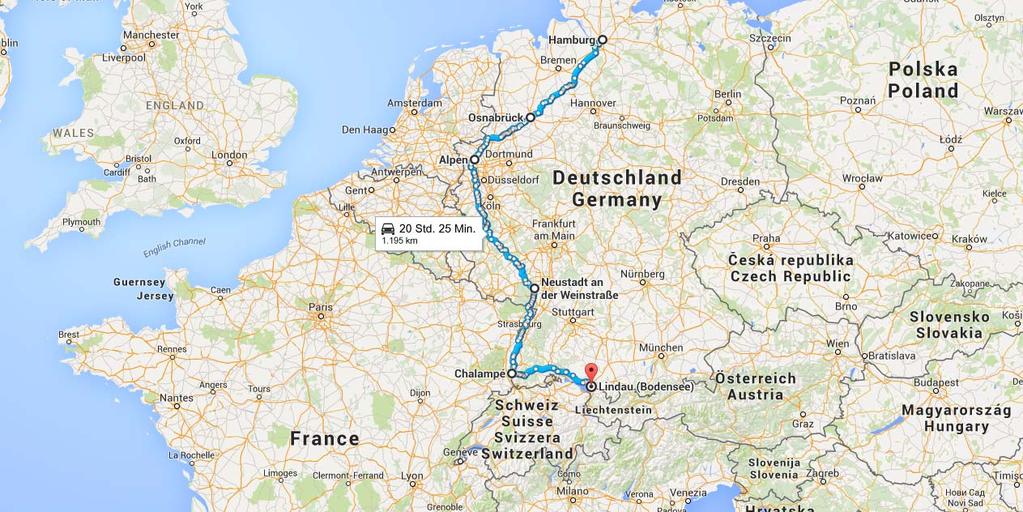 1 von 22 18.08.2015 11:25 Hamburg nach Lindau (Bodensee) Mit dem Auto 1.195 km, 20 Std. 25 Min. Kartendaten 2015 GeoBasis-DE/BKG ( 2009), Google, Inst. Geogr.
