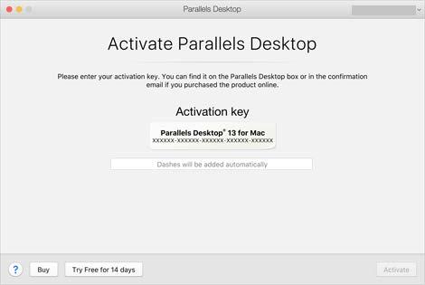 Installation oder Upgrade von Parallels Desktop Wenn Sie Parallels Desktop gekauft haben und über einen Aktivierungsschlüssel verfügen, sehen Sie wahrscheinlich den folgenden Bildschirm: In diesem