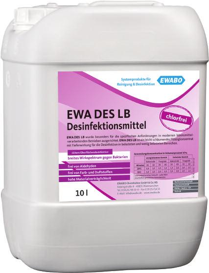 ewa DeS Lb Desinfektionsmittel ewa DeS Lb wurde besonders für die spezifischen Anforderungen in modernen lebensmittelverarbeitenden Betrieben ausgerichtet.