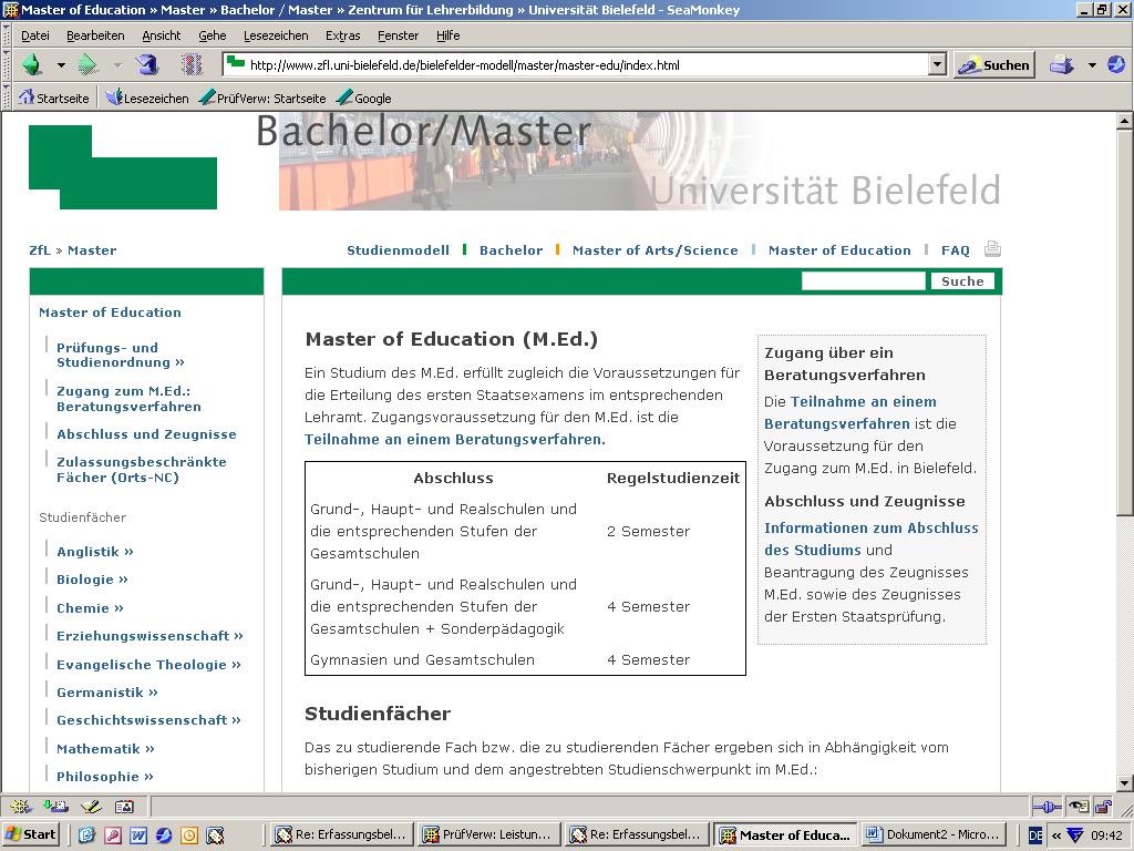 Master of Education Der Zugang zum Master of Education an der Universität Bielefeld setzt die Teilnahme am obligatorischen Beratungsverfahren und einen ersten Hochschulabschluss in ein em geeigneten